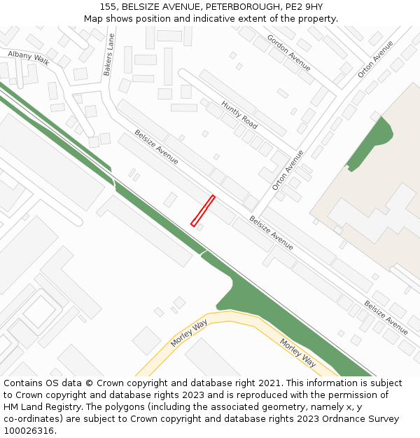 155, BELSIZE AVENUE, PETERBOROUGH, PE2 9HY: Location map and indicative extent of plot