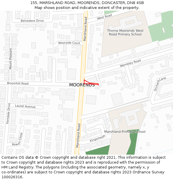 155, MARSHLAND ROAD, MOORENDS, DONCASTER, DN8 4SB: Location map and indicative extent of plot