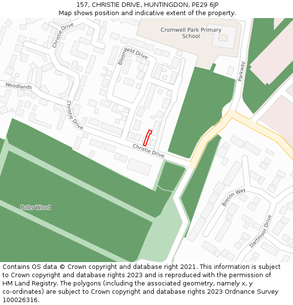 157, CHRISTIE DRIVE, HUNTINGDON, PE29 6JP: Location map and indicative extent of plot
