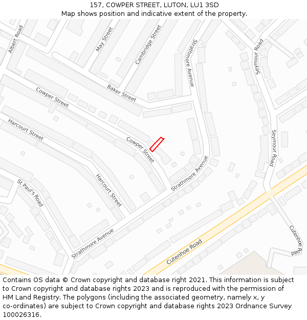 157, COWPER STREET, LUTON, LU1 3SD: Location map and indicative extent of plot