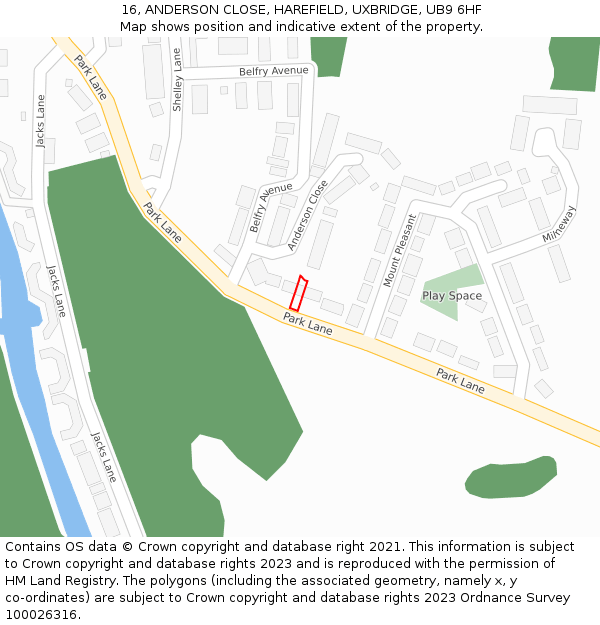 16, ANDERSON CLOSE, HAREFIELD, UXBRIDGE, UB9 6HF: Location map and indicative extent of plot