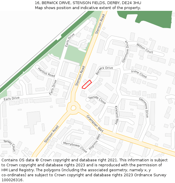 16, BERWICK DRIVE, STENSON FIELDS, DERBY, DE24 3HU: Location map and indicative extent of plot