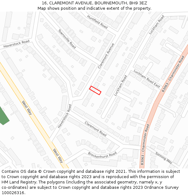 16, CLAREMONT AVENUE, BOURNEMOUTH, BH9 3EZ: Location map and indicative extent of plot