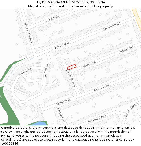 16, DELMAR GARDENS, WICKFORD, SS11 7NA: Location map and indicative extent of plot