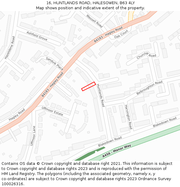 16, HUNTLANDS ROAD, HALESOWEN, B63 4LY: Location map and indicative extent of plot
