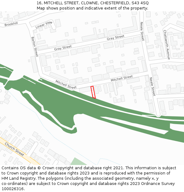 16, MITCHELL STREET, CLOWNE, CHESTERFIELD, S43 4SQ: Location map and indicative extent of plot