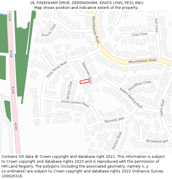 16, PAKENHAM DRIVE, DERSINGHAM, KING'S LYNN, PE31 6WU: Location map and indicative extent of plot