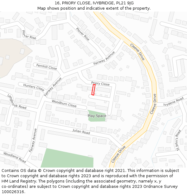 16, PRIORY CLOSE, IVYBRIDGE, PL21 9JG: Location map and indicative extent of plot