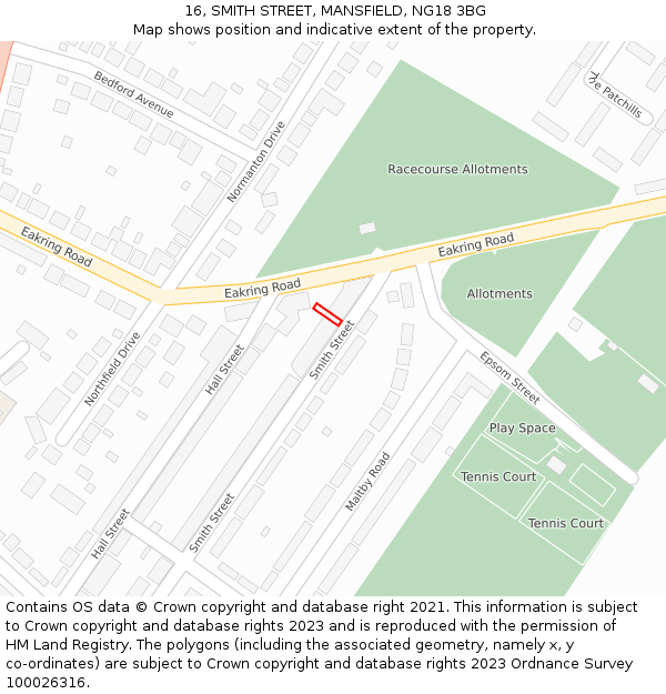 16, SMITH STREET, MANSFIELD, NG18 3BG: Location map and indicative extent of plot