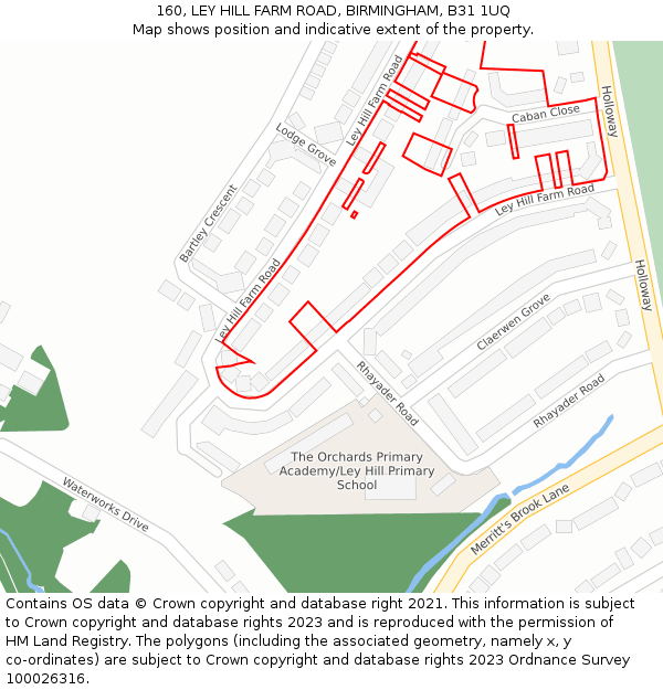 160, LEY HILL FARM ROAD, BIRMINGHAM, B31 1UQ: Location map and indicative extent of plot