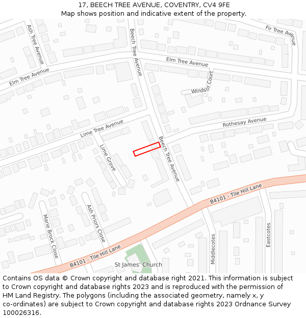 17, BEECH TREE AVENUE, COVENTRY, CV4 9FE: Location map and indicative extent of plot