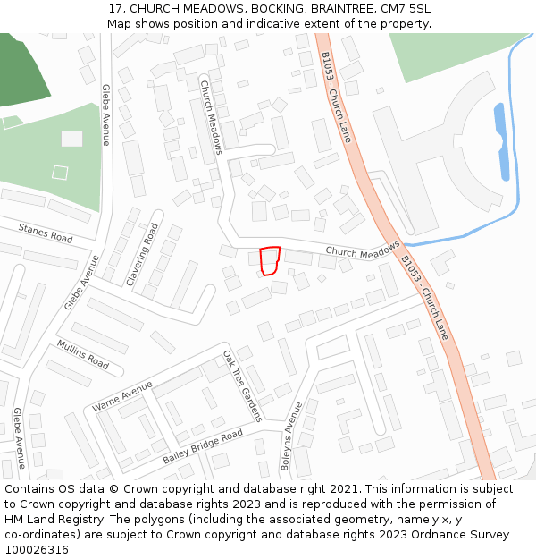 17, CHURCH MEADOWS, BOCKING, BRAINTREE, CM7 5SL: Location map and indicative extent of plot