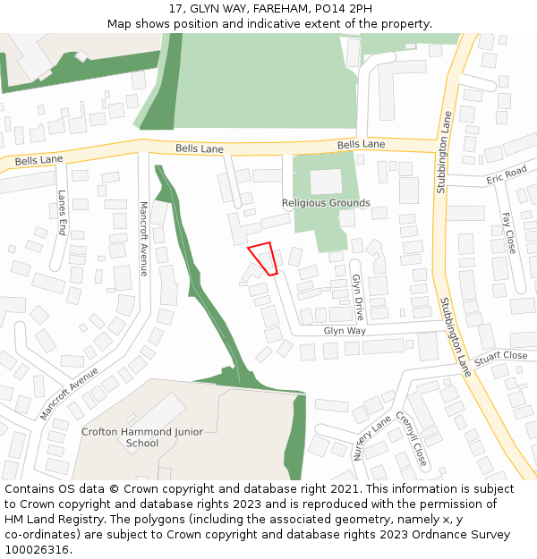17, GLYN WAY, FAREHAM, PO14 2PH: Location map and indicative extent of plot