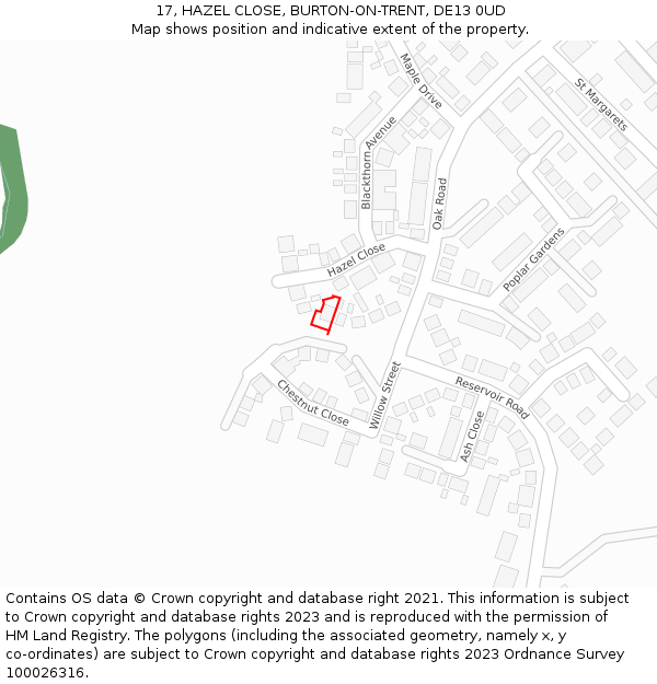 17, HAZEL CLOSE, BURTON-ON-TRENT, DE13 0UD: Location map and indicative extent of plot