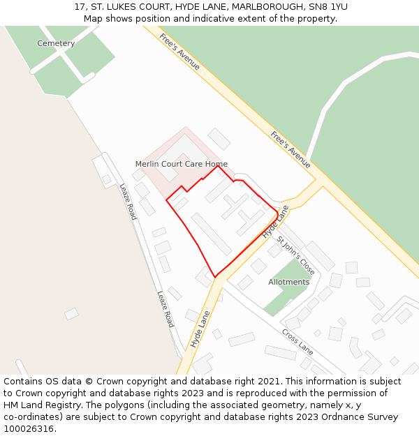 17, ST. LUKES COURT, HYDE LANE, MARLBOROUGH, SN8 1YU: Location map and indicative extent of plot