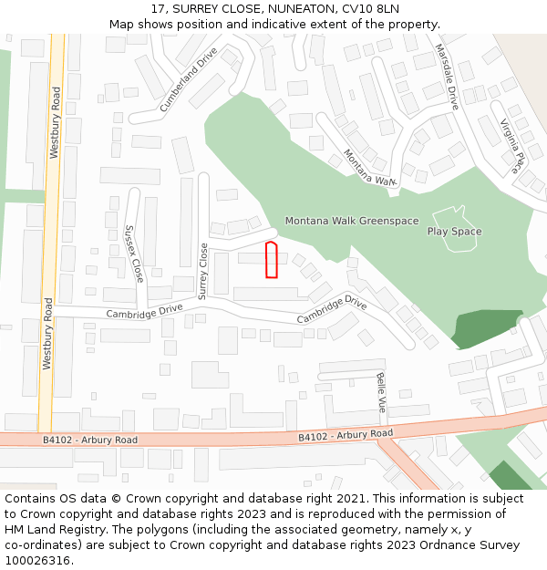 17, SURREY CLOSE, NUNEATON, CV10 8LN: Location map and indicative extent of plot
