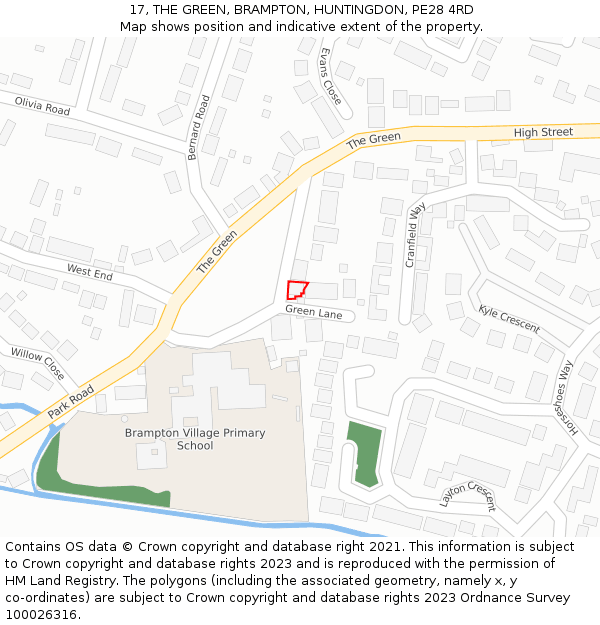 17, THE GREEN, BRAMPTON, HUNTINGDON, PE28 4RD: Location map and indicative extent of plot