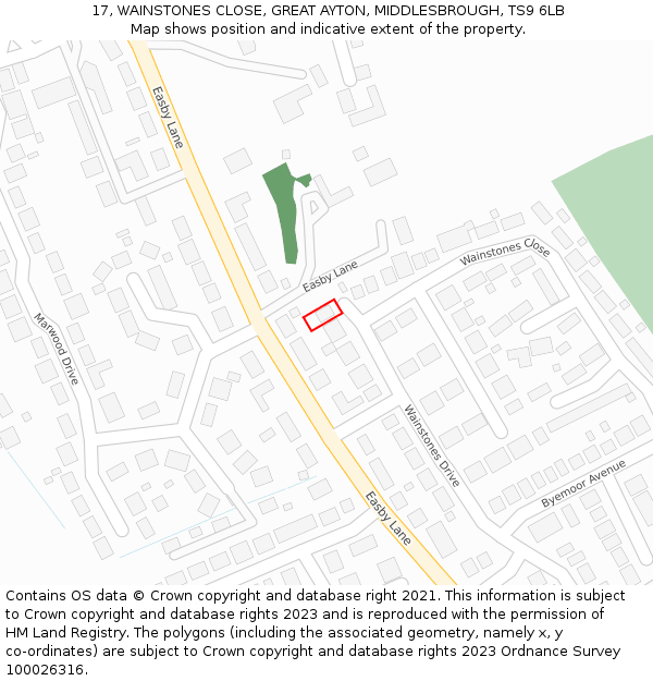 17, WAINSTONES CLOSE, GREAT AYTON, MIDDLESBROUGH, TS9 6LB: Location map and indicative extent of plot