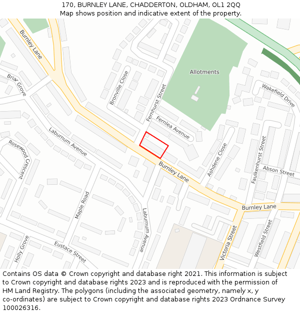 170, BURNLEY LANE, CHADDERTON, OLDHAM, OL1 2QQ: Location map and indicative extent of plot
