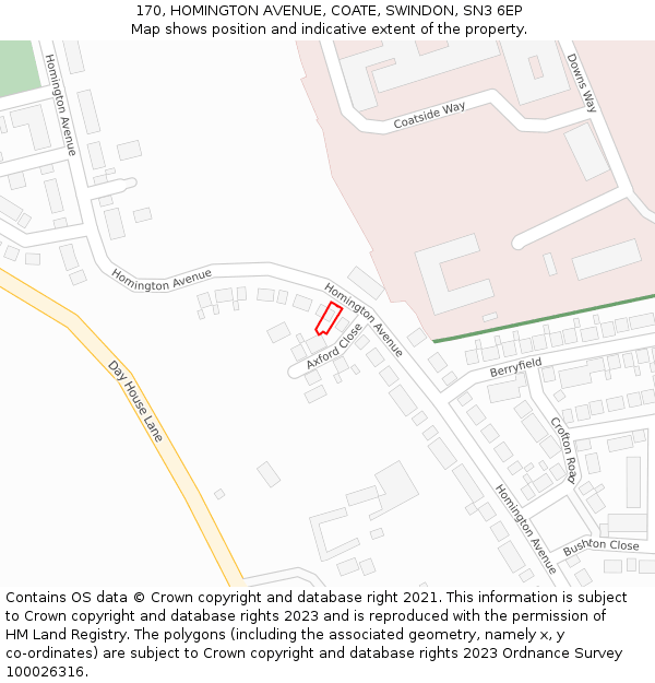 170, HOMINGTON AVENUE, COATE, SWINDON, SN3 6EP: Location map and indicative extent of plot