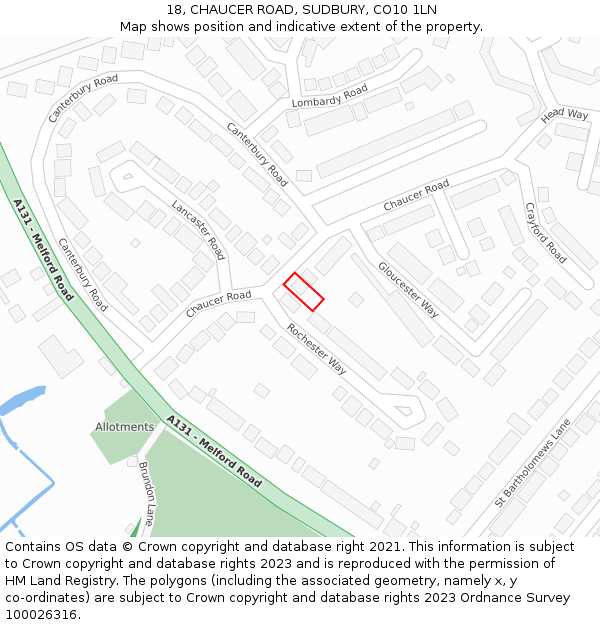 18, CHAUCER ROAD, SUDBURY, CO10 1LN: Location map and indicative extent of plot