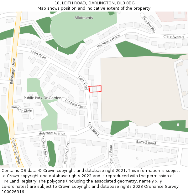 18, LEITH ROAD, DARLINGTON, DL3 8BG: Location map and indicative extent of plot