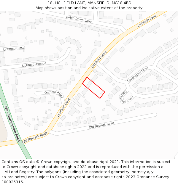 18, LICHFIELD LANE, MANSFIELD, NG18 4RD: Location map and indicative extent of plot