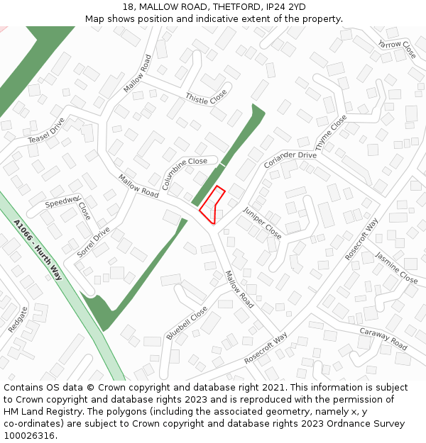 18, MALLOW ROAD, THETFORD, IP24 2YD: Location map and indicative extent of plot