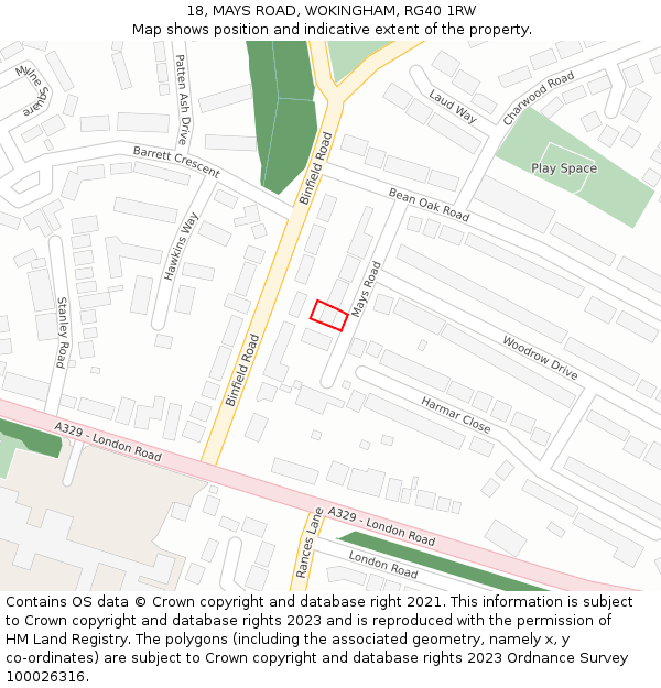 18, MAYS ROAD, WOKINGHAM, RG40 1RW: Location map and indicative extent of plot