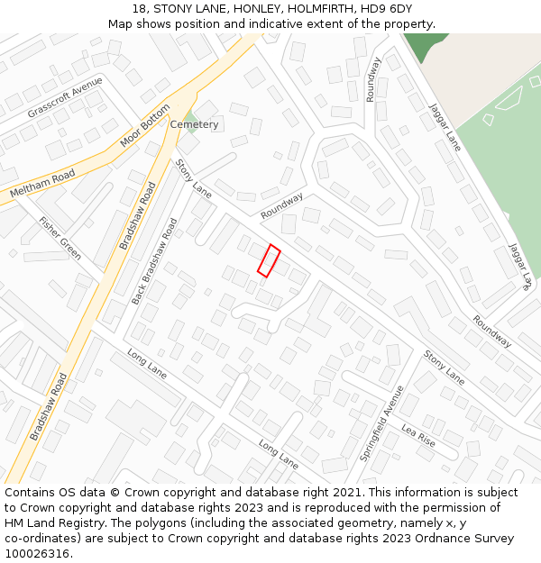 18, STONY LANE, HONLEY, HOLMFIRTH, HD9 6DY: Location map and indicative extent of plot