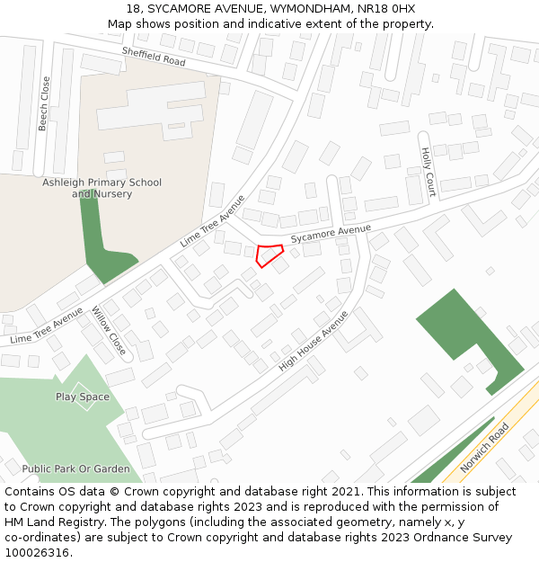 18, SYCAMORE AVENUE, WYMONDHAM, NR18 0HX: Location map and indicative extent of plot