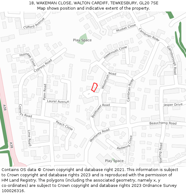 18, WAKEMAN CLOSE, WALTON CARDIFF, TEWKESBURY, GL20 7SE: Location map and indicative extent of plot