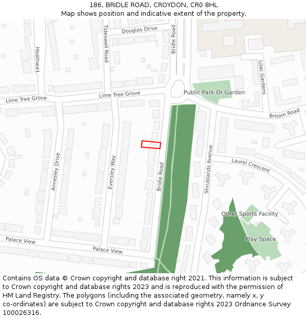 186, BRIDLE ROAD, CROYDON, CR0 8HL: Location map and indicative extent of plot