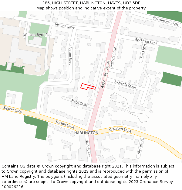 186, HIGH STREET, HARLINGTON, HAYES, UB3 5DP: Location map and indicative extent of plot