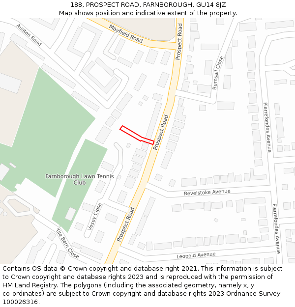 188, PROSPECT ROAD, FARNBOROUGH, GU14 8JZ: Location map and indicative extent of plot