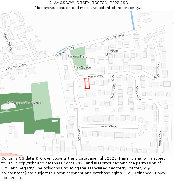 19, AMOS WAY, SIBSEY, BOSTON, PE22 0SD: Location map and indicative extent of plot