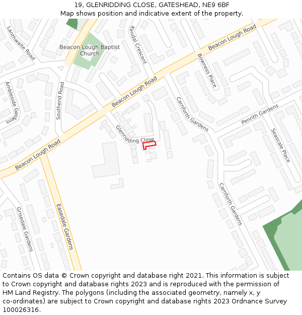 19, GLENRIDDING CLOSE, GATESHEAD, NE9 6BF: Location map and indicative extent of plot