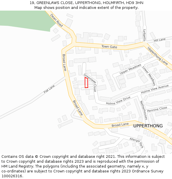 19, GREENLAWS CLOSE, UPPERTHONG, HOLMFIRTH, HD9 3HN: Location map and indicative extent of plot