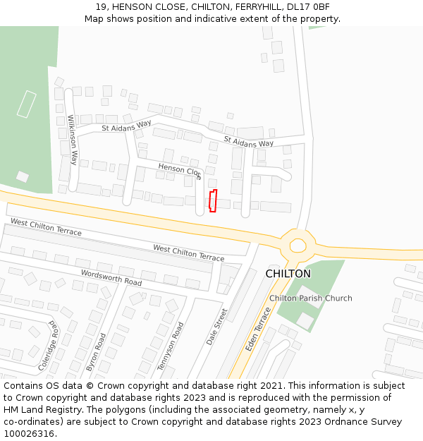19, HENSON CLOSE, CHILTON, FERRYHILL, DL17 0BF: Location map and indicative extent of plot