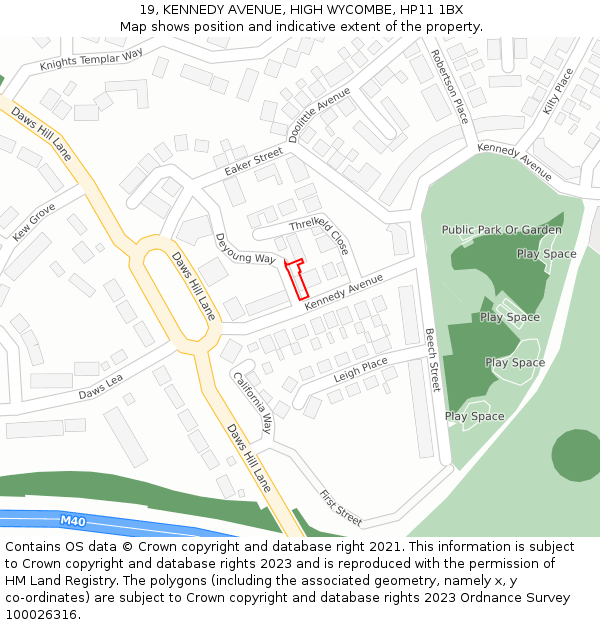 19, KENNEDY AVENUE, HIGH WYCOMBE, HP11 1BX: Location map and indicative extent of plot