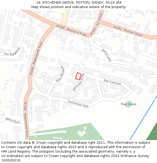 19, KITCHENER GROVE, POTTON, SANDY, SG19 2FA: Location map and indicative extent of plot