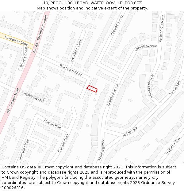19, PROCHURCH ROAD, WATERLOOVILLE, PO8 8EZ: Location map and indicative extent of plot