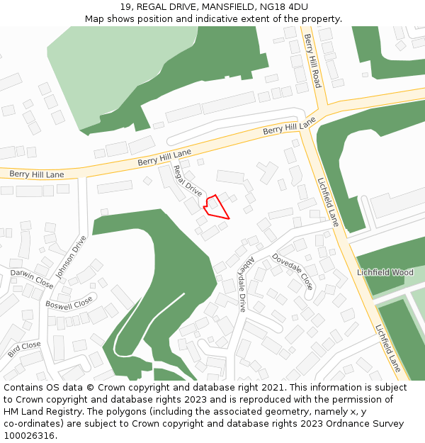 19, REGAL DRIVE, MANSFIELD, NG18 4DU: Location map and indicative extent of plot