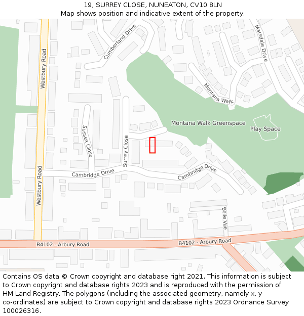 19, SURREY CLOSE, NUNEATON, CV10 8LN: Location map and indicative extent of plot