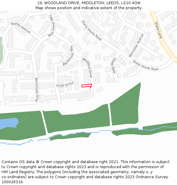19, WOODLAND DRIVE, MIDDLETON, LEEDS, LS10 4GW: Location map and indicative extent of plot