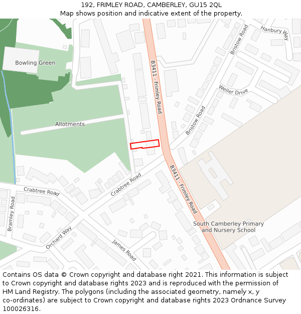 192, FRIMLEY ROAD, CAMBERLEY, GU15 2QL: Location map and indicative extent of plot