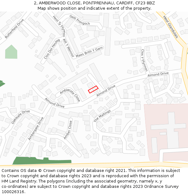 2, AMBERWOOD CLOSE, PONTPRENNAU, CARDIFF, CF23 8BZ: Location map and indicative extent of plot