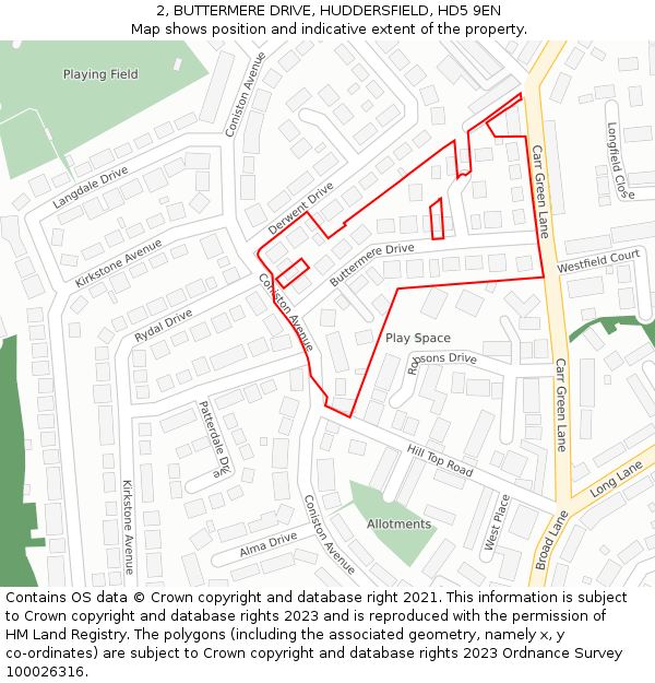 2, BUTTERMERE DRIVE, HUDDERSFIELD, HD5 9EN: Location map and indicative extent of plot