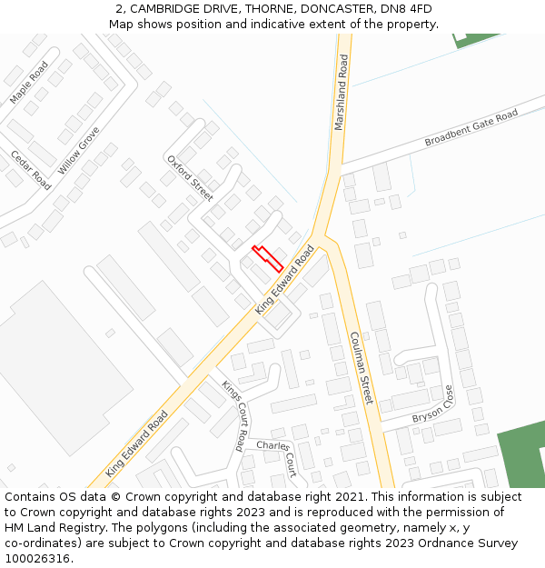 2, CAMBRIDGE DRIVE, THORNE, DONCASTER, DN8 4FD: Location map and indicative extent of plot