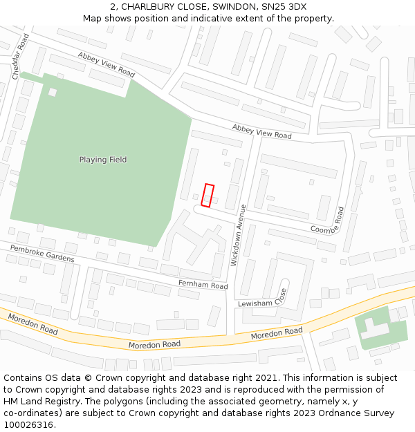 2, CHARLBURY CLOSE, SWINDON, SN25 3DX: Location map and indicative extent of plot
